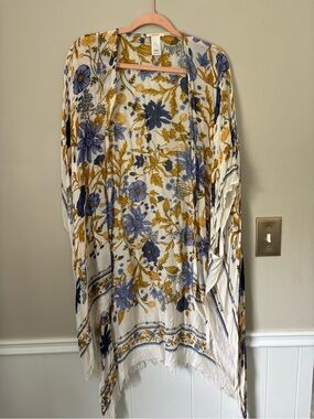Maurice’s - White Floral Kimono with Blue and Mustard Print